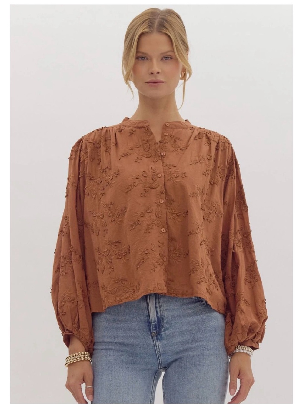 2 for $30 sale: Entro brown button up balloon sleeve blouse with floral appliqué